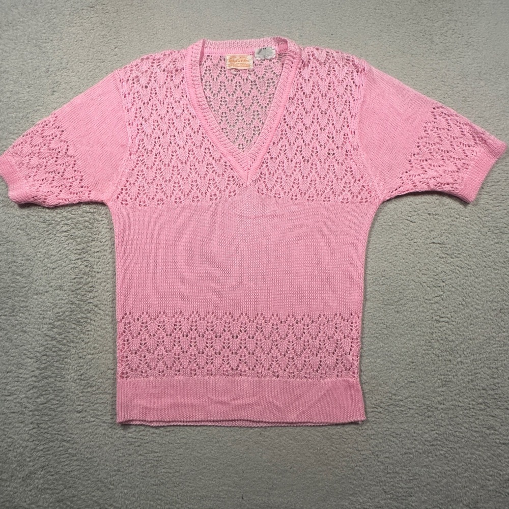 Vintage 70s Acrylic Fibre Knit Sweater Women S Pink V-Neck Pointelle Cottagecore
